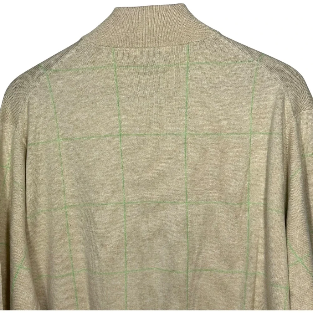 Peter‎ Millar Mens Quarter Zip Sweater Beige Green Plaid Cotton Cashmere Size M